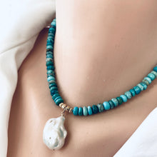 Lade das Bild in den Galerie-Viewer, December Birthstone Jewelry: Arizona Turquoise &amp; Baroque Pearl Pendant Choker Necklace, 16 inches
