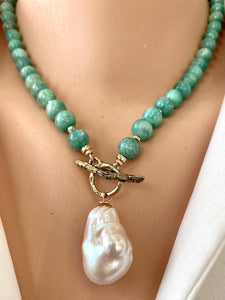 African Amazonite & Baroque Pearl Necklace, Gold Filled & Gold Bronze, 18.5"in