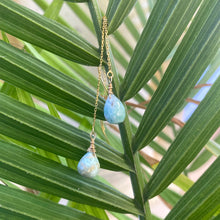 Load image into Gallery viewer, Larimar Briolettes Threader Earrings, Gold Vermeil Plated Silver Chain Earrings
