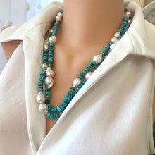 Cargar imagen en el visor de la galería, 2 Hand Knotted Arizona Turquoise and Fresh Water Baroque Pearl Necklace, Silver Marine Clasp, 23&quot;inches,

