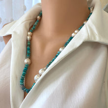 Cargar imagen en el visor de la galería, Mannequin wearing a white shirt with a turquoise and pearl beaded necklace.
