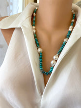 Cargar imagen en el visor de la galería, Hand Knotted Arizona Turquoise and Fresh Water Baroque Pearl Necklace, Silver Marine Clasp, 23&quot;inches
