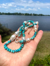 Cargar imagen en el visor de la galería, Hand Knotted Arizona Turquoise and Fresh Water Baroque Pearl Necklace, Silver Marine Clasp, 23&quot;inches,
