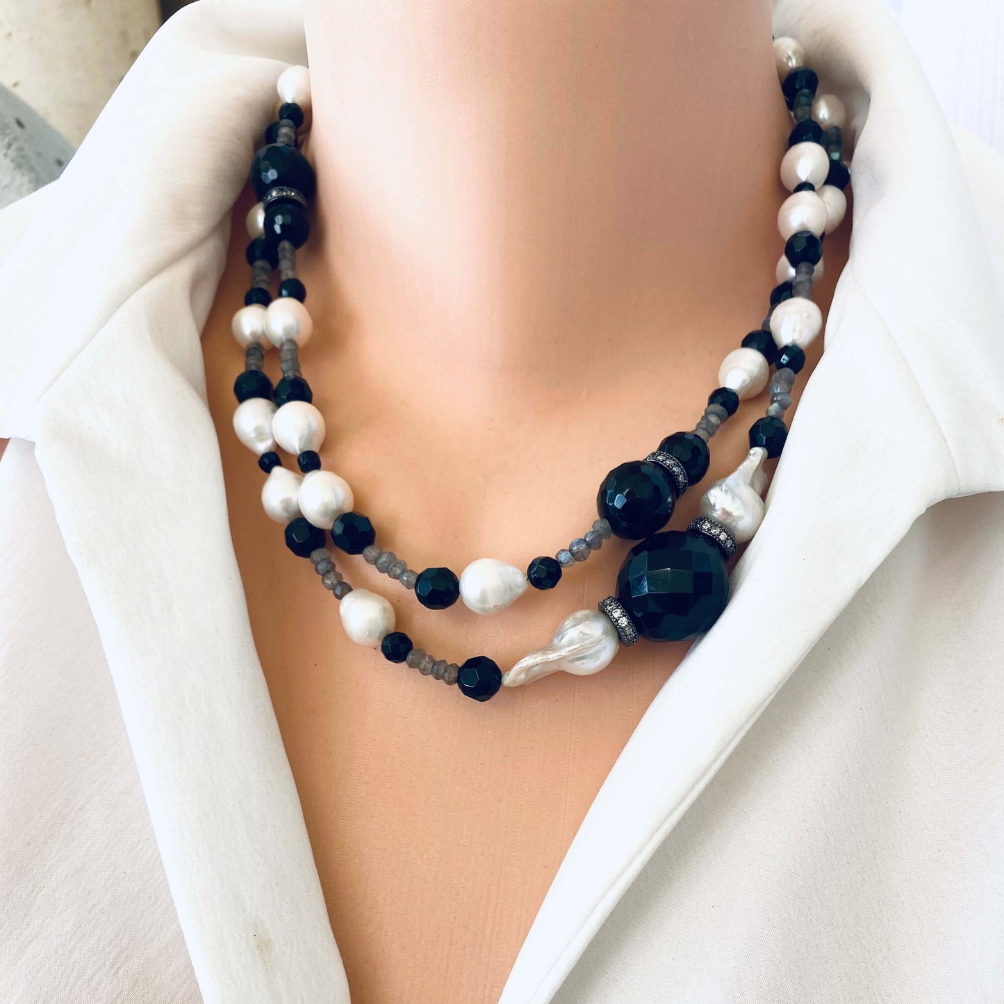 Labradorite Onyx Pearl Long Necklace | Handcrafted 39" Jewelry Canada