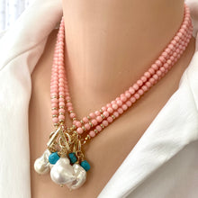Cargar imagen en el visor de la galería, Angel Skin Pink Coral Toggle Necklace with Freshwater Baroque Pearl Pendant &amp; Turquoise Charm, Gold Plated, 17&quot;in

