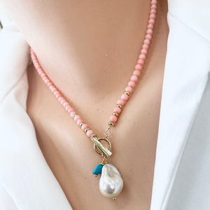 Angel Skin Pink Coral Toggle Necklace with Freshwater Baroque Pearl Pendant & Turquoise Charm, Gold Plated, 17"in