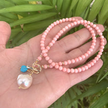 Cargar imagen en el visor de la galería, Angel Skin Pink Coral Toggle Necklace with Freshwater Baroque Pearl Pendant &amp; Turquoise Charm, Gold Plated, 17&quot;in
