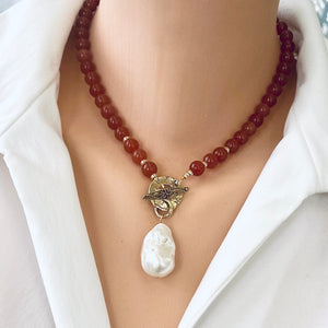 Orange Carnelian Necklace & Baroque Pearl Pendant