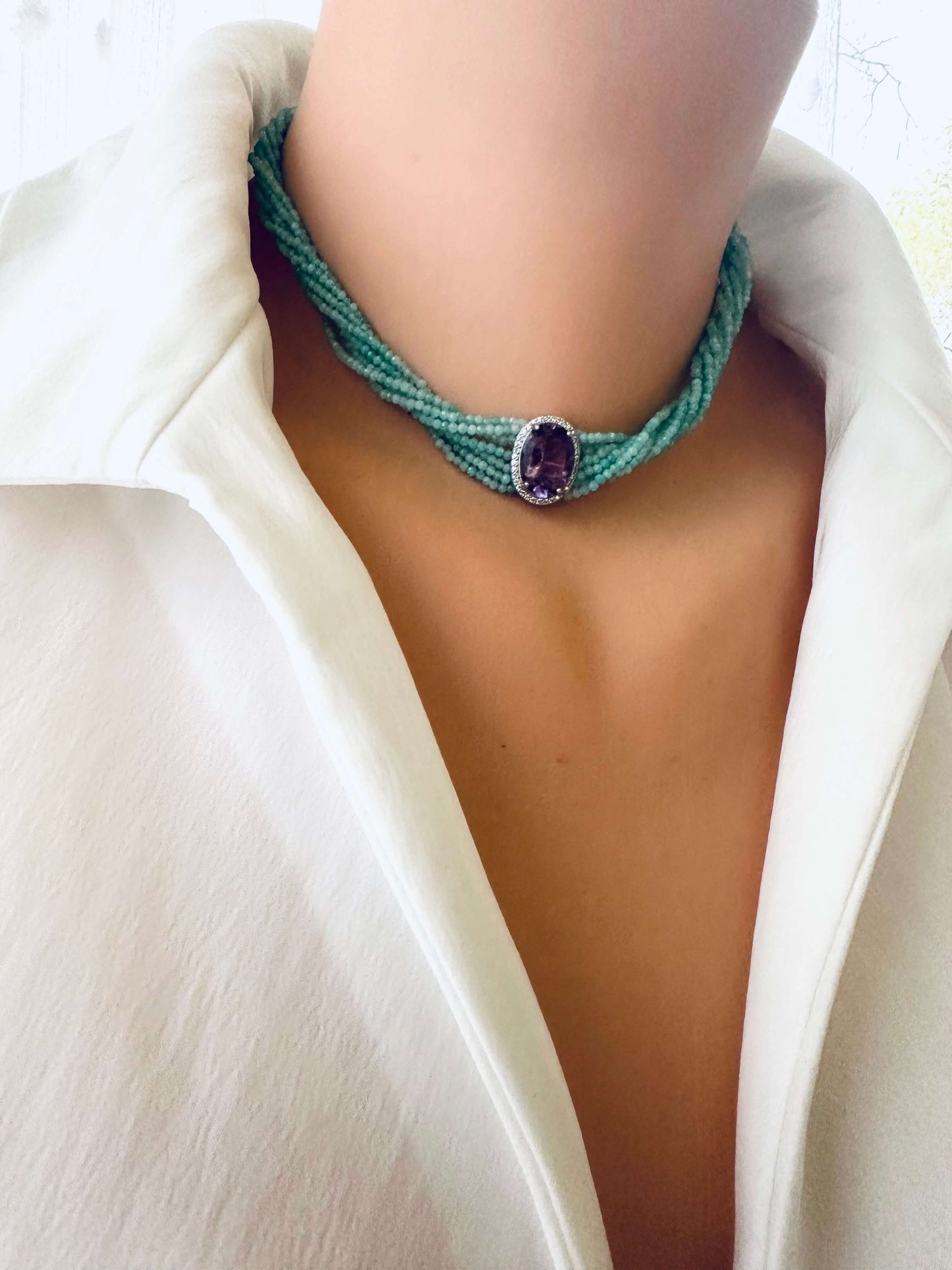 Amethyst Amazonite Choker Necklace – 8-Strand Twisted Gemstone Collar with a vibrant design.