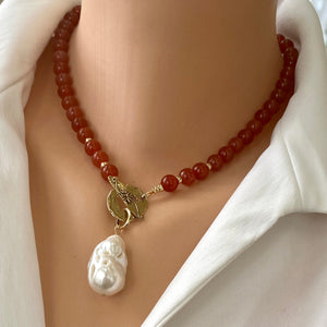 Burnt Orange Carnelian Beads w Baroque Pearl Pendant Necklace, Gold Bronze,17"in