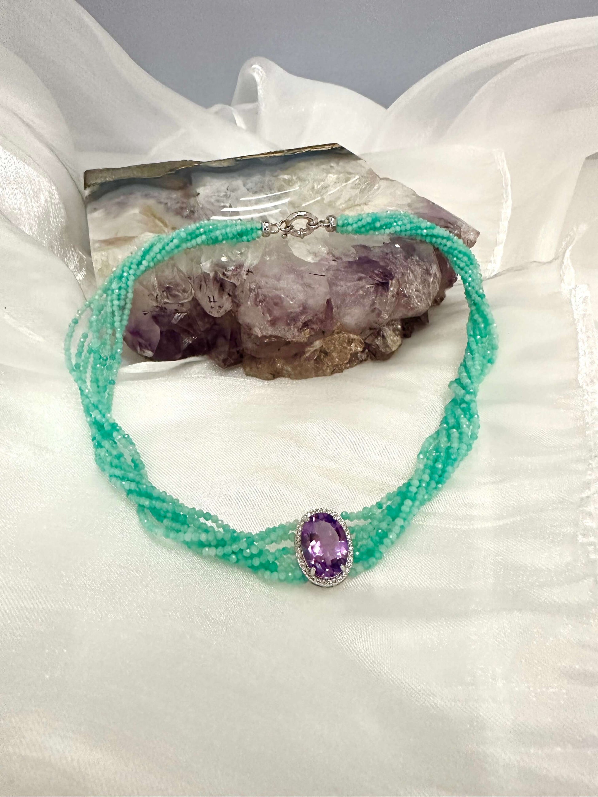 Amethyst Amazonite Choker Necklace – 8-Strand Twisted Gemstone Collar with vibrant amazonite beads.