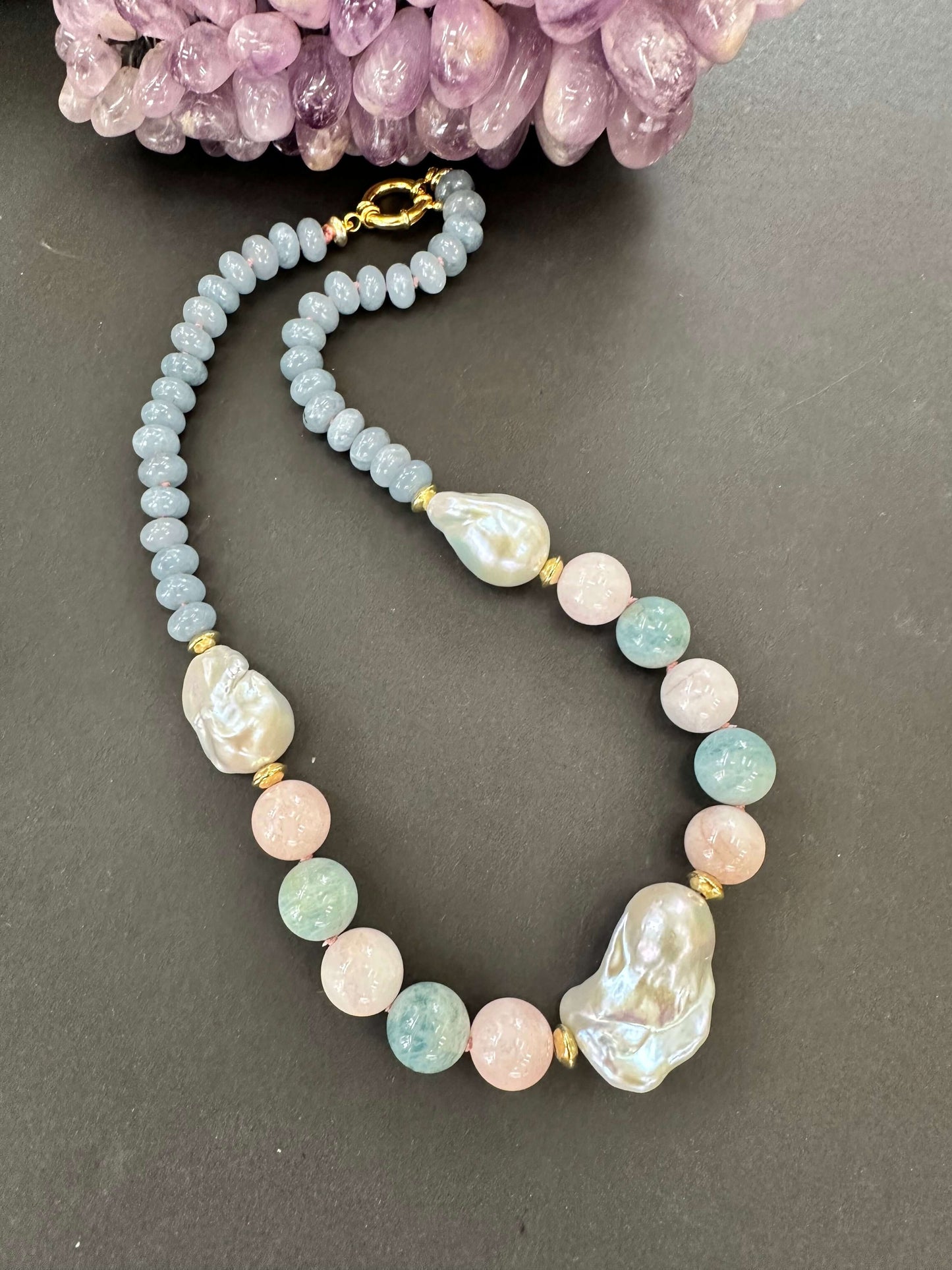 Blue Jade Morganite Aquamarine Pearl Necklace showcasing baroque gems with pink silk and oceanic hues.