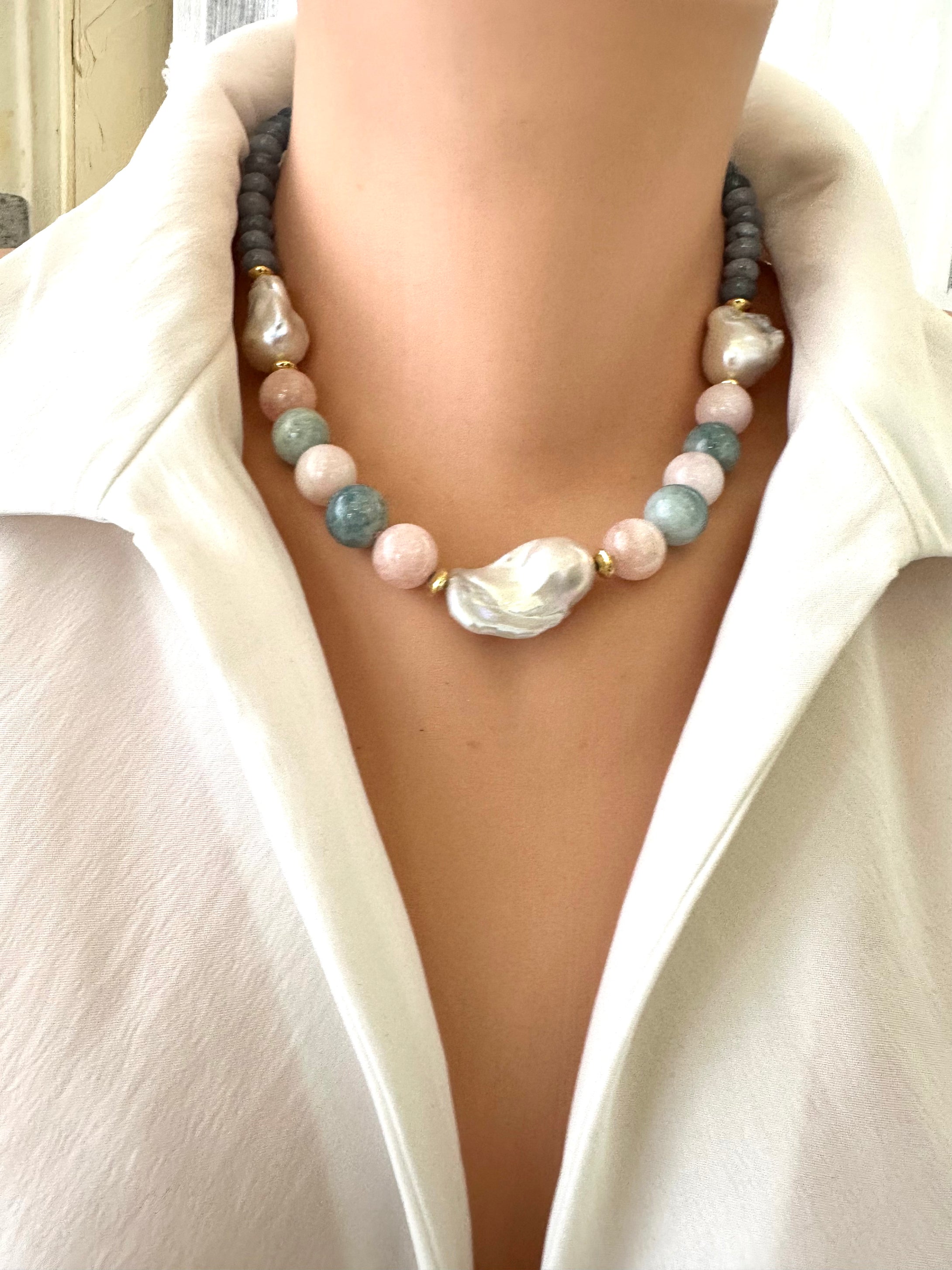 Blue Jade Morganite Aquamarine Pearl Necklace displayed on a model, showcasing Baroque Gem Design.