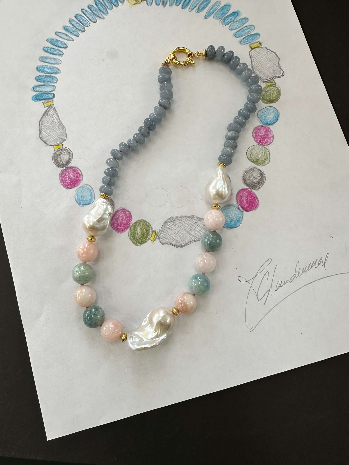 Blue jade morganite aquamarine pearl necklace showcasing baroque gem design with a sketch.