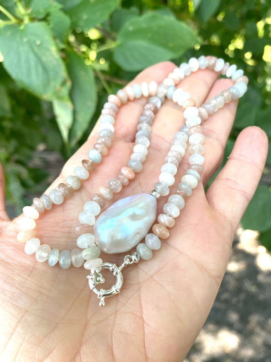 Moonstone and Baroque Pearl Necklace, handcrafted with mixed moonstone rondelles and a large baroque pearl centerpiece.