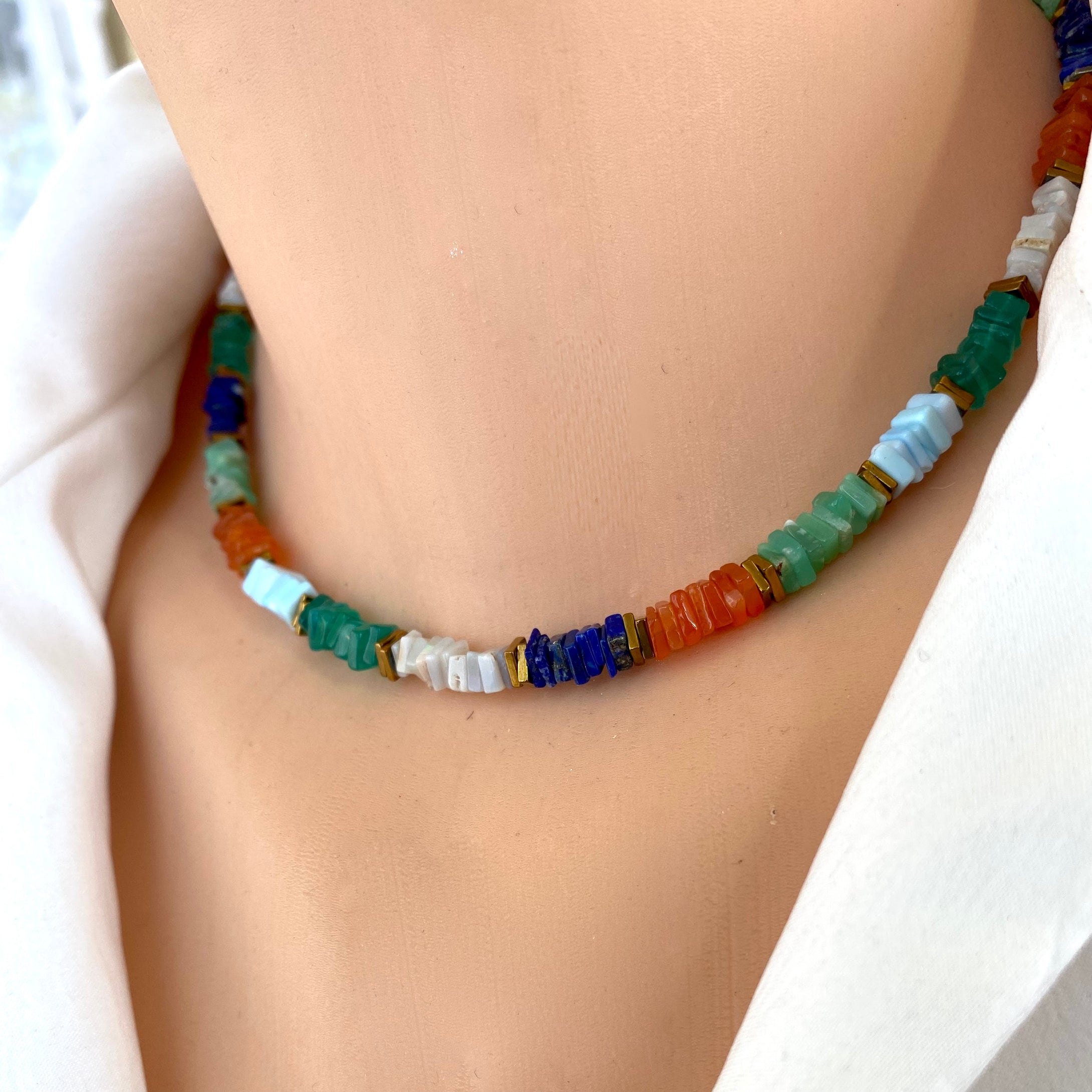 Mixed Gemstones Necklace, Lapis Lazuli, Carnelian, Chrysoprase, Opal & Green Onyx