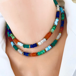 Mixed Gemstones Necklace, Lapis Lazuli, Carnelian, Chrysoprase, Opal & Green Onyx, Gold Filled, 15"or 16"in