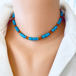 Turquoise & Carnelian Beaded Choker Necklace, Square Heishi and Cube Gemstones, Gold Filled, 14"in, December Birthstone
