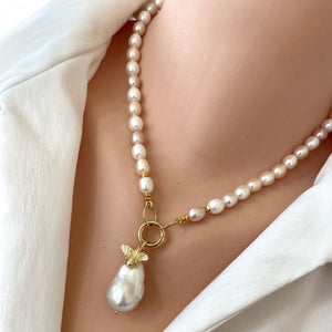 Pastel Pearl Necklace, Gold Vermeil Details, Removable Bee Charm & Baroque Pearl Pendant, 17.5"in