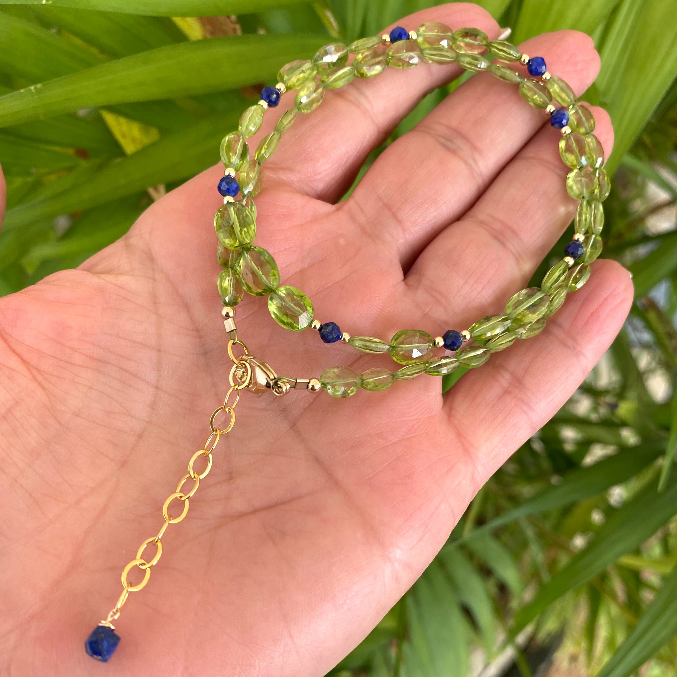 Peridot & Lapis Lazuli Dainty Short Necklace, 14k GF