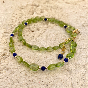 Peridot and Lapis Lazuli Dainty Short Necklace, Gold Filled, 16"inches, August Birthstone