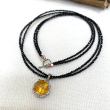 Load image into Gallery viewer, Black spinel and citrine pendant necklace on white background, handmade silver design
