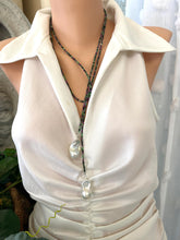 Cargar imagen en el visor de la galería, Ruby Zoisite &amp; Two Baroque Pearl Lariat Necklace | 54&quot;
