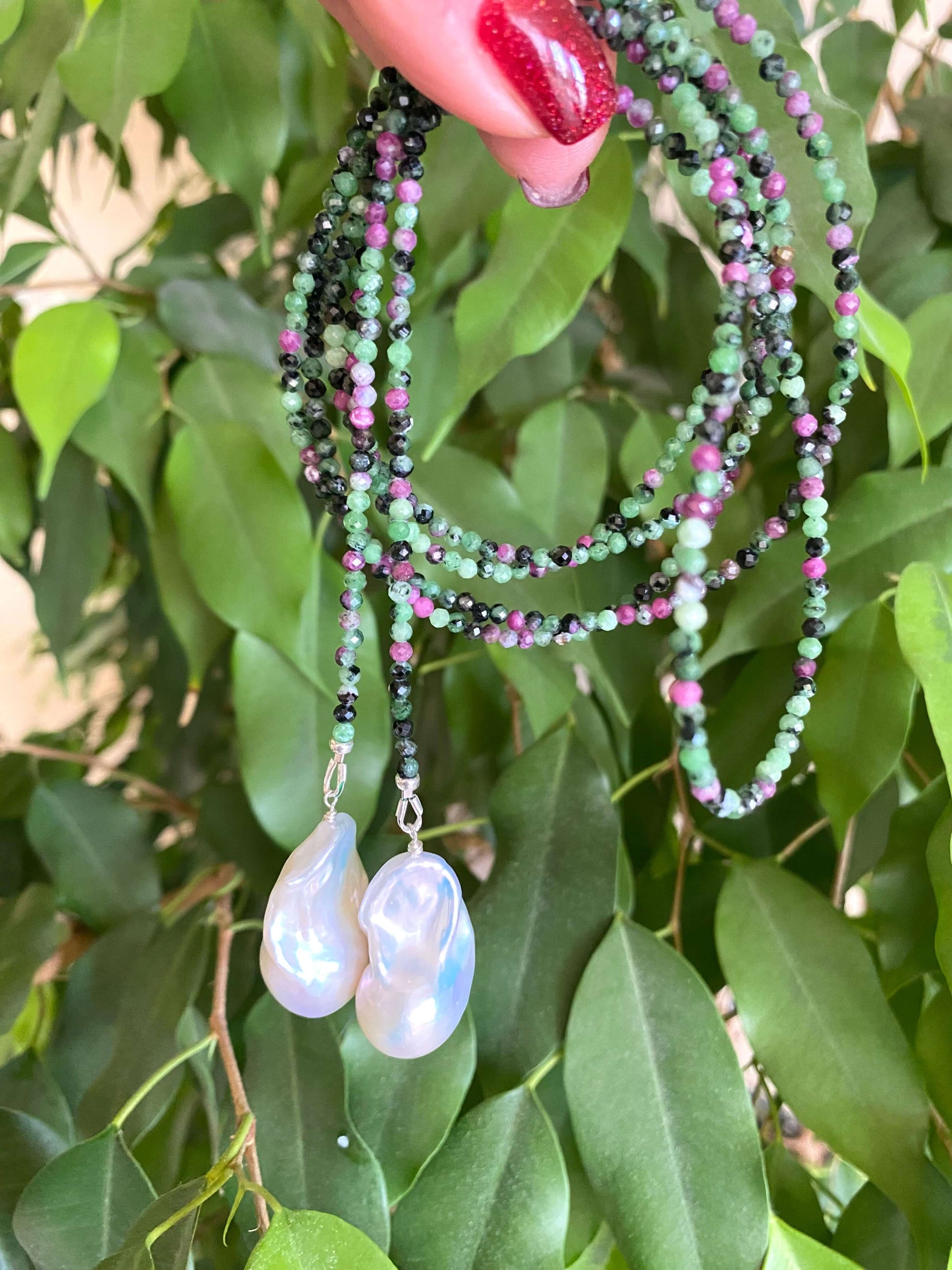 Ruby Zoisite Baroque Pearl Necklace | 54" Lariat Design featuring shimmering baroque pearls and vibrant ruby zoisite beads.
