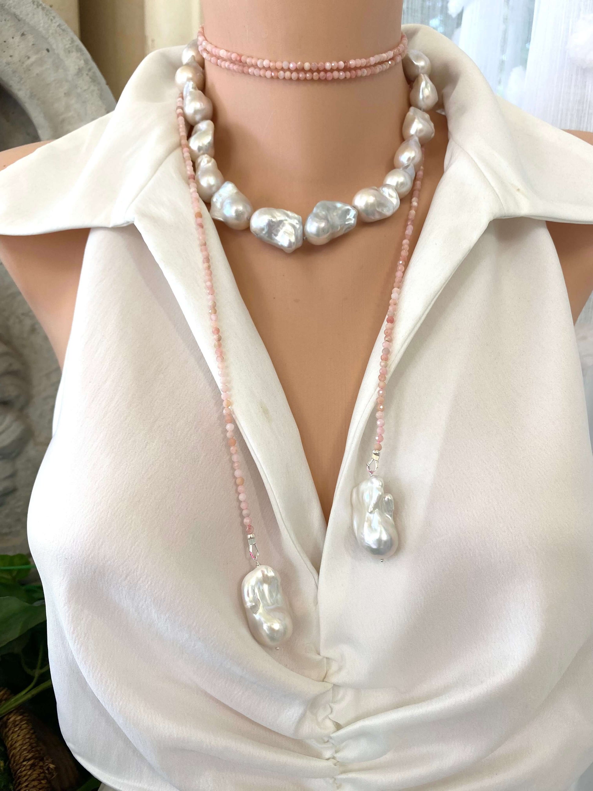 Pink Opal Baroque Pearl Necklace | 52" Lariat Design showcasing handcrafted pink opal beads and baroque pearls.