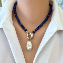 Cargar imagen en el visor de la galería, Lapis Lazuli Beaded Necklace with Freshwater Baroque Pearl, Gold Filled, Gold Bronze,17.5&quot;in
