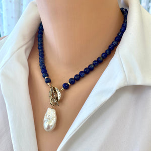Lapis Lazuli Beaded Necklace with Freshwater Baroque Pearl, Gold Filled, Gold Bronze,17.5"in