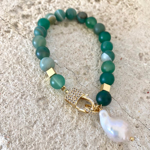 Green or Hot Pink Mat Sardonyx Beads Bracelet with Baroque Pearl Charm Pendant, Gold Plated Details, 7"or7.5"inches