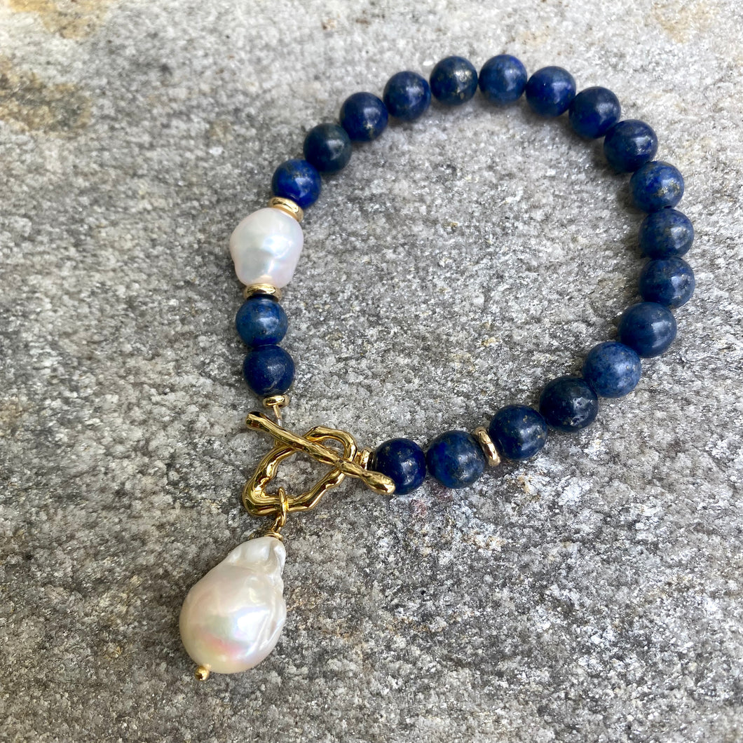 Lapis Lazuli and White Baroque Pearl Bracelet, Gold Plated Details, December Birthstone, 7.5