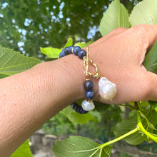 Load image into Gallery viewer, Lapis Lazuli and White Baroque Pearl Bracelet, Gold Plated Details, December Birthstone, 7.5&quot;inches

