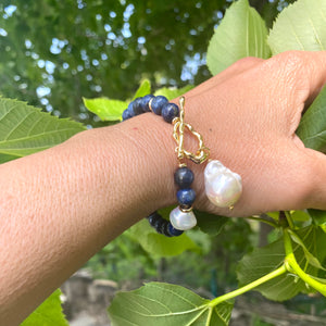 Lapis Lazuli and White Baroque Pearl Bracelet, Gold Plated Details, December Birthstone, 7.5"inches