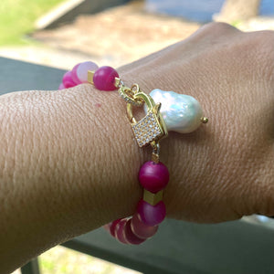 Green or Hot Pink Mat Sardonyx Beads Bracelet with Baroque Pearl Charm Pendant, Gold Plated Details, 7"or7.5"inches