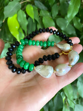Load image into Gallery viewer, Short green jade black tourmaline pearl necklace with baroque pearls and gold clasp, handmade in Canada.
