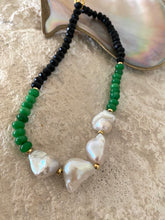 Load image into Gallery viewer, Short green jade black tourmaline pearl necklace featuring vibrant jade, black tourmaline, and luminous baroque pearls.

