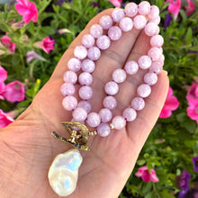 Lade das Bild in den Galerie-Viewer, Kunzite Toggle Necklace with Baroque Pearl Pendant, Artisan Gold Bronze &amp; Gold Filled Details, 18&quot;in

