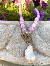 Load image into Gallery viewer, Kunzite Toggle Necklace with Baroque Pearl Pendant, Artisan Gold Bronze &amp; Gold Filled Details, 18&quot;in
