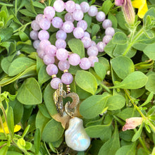 Load image into Gallery viewer, Kunzite Toggle Necklace with Baroque Pearl Pendant, Artisan Gold Bronze &amp; Gold Filled Details, 18&quot;in
