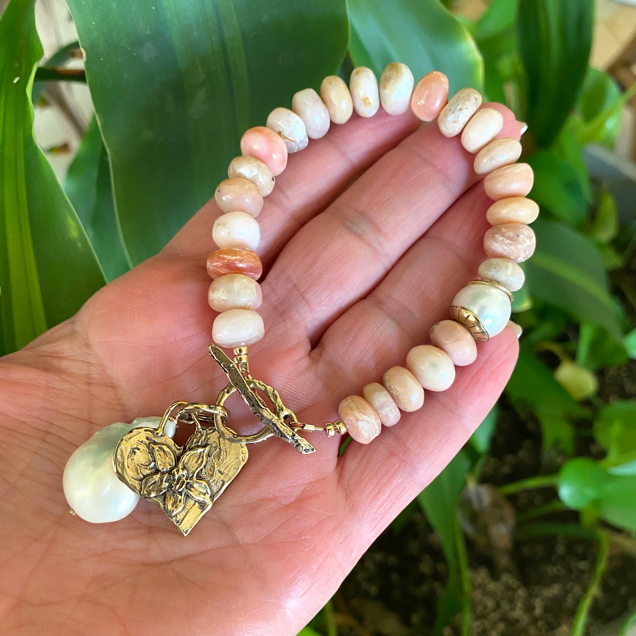 Pink Opal Bracelet, Heart & baroque Pearl Charm
