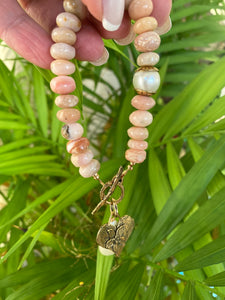 Genuine Pink Opal Toggle Bracelet, Artisan Statement Bracelet, Gold Bronze Heart Charm and baroque Pearl Pendant, 8"in