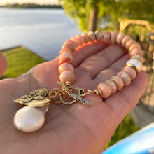 Load image into Gallery viewer, Genuine Pink Opal Toggle Bracelet, Artisan Statement Bracelet, Gold Bronze Heart Charm and baroque Pearl Pendant, 8&quot;in
