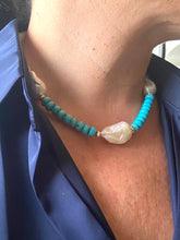 Load image into Gallery viewer, Side view of green jade and turquoise pearl necklace on mannequin display
