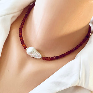 Burnt Orange Carnelian Necklace, Freshwater White Baroque Pearl and Gold Filled Details, 16"inches +2"
