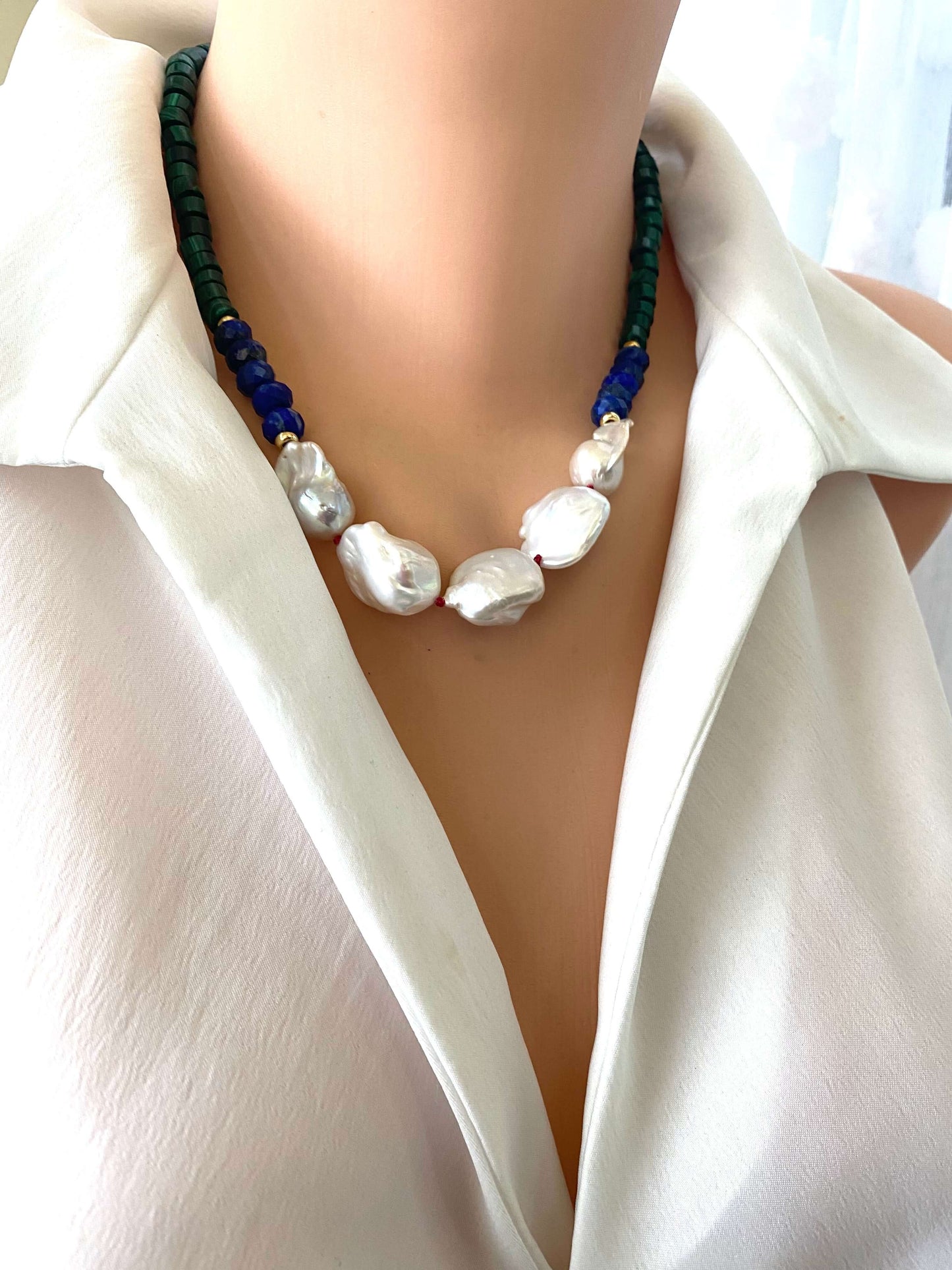 Malachite Lapis Lazuli Baroque Pearl Necklace shown on mannequin, hand-knotted on red silk thread in Canada.