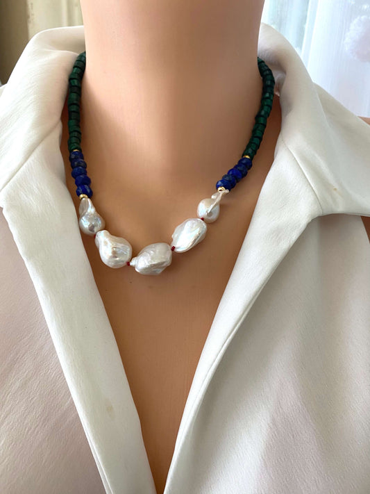 Malachite Lapis Lazuli Baroque Pearl Necklace displayed on mannequin, gold vermeil accents handmade in Canada.