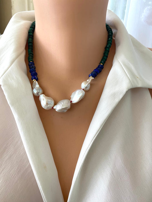 Malachite Lapis Lazuli Baroque Pearl Necklace displayed on mannequin, gold vermeil accents handmade in Canada.