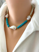 Load image into Gallery viewer, Handmade green jade and turquoise pearl necklace shown on mannequin neck side view

